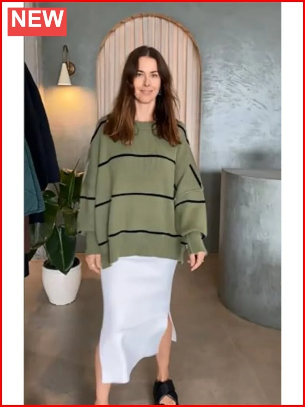 Oversized Ribbed Pullover Sweater with Side Slit and Batwing Sleeves